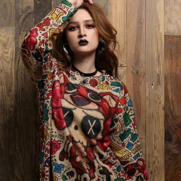 Womens Pullover Sweater Small Beige Red Stretch Crew Neck Print Bear Dolls Relax - Picture 1 of 16